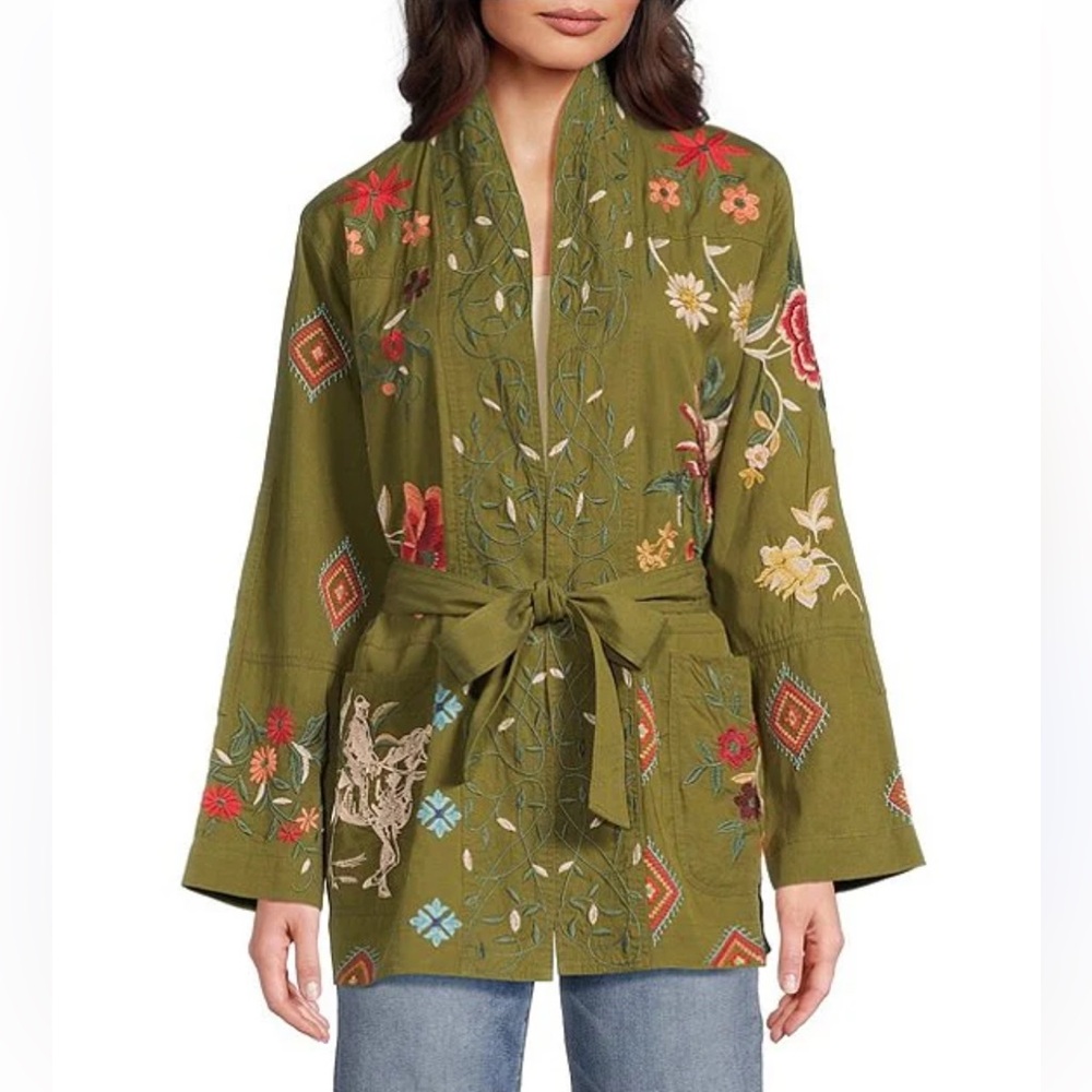 Johnny Was Shawl Collar Belted Embroidered Jacket Olive Green Size Small NWT